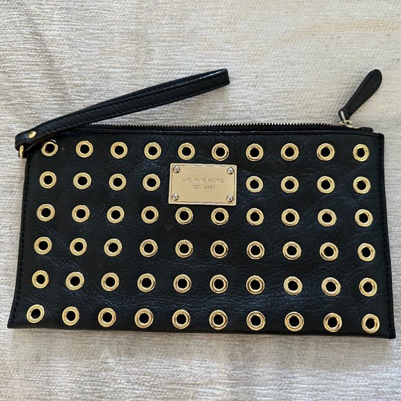 Michael Kors Black Leather Wristlet with Gold Hardware - Picture 1 of 4